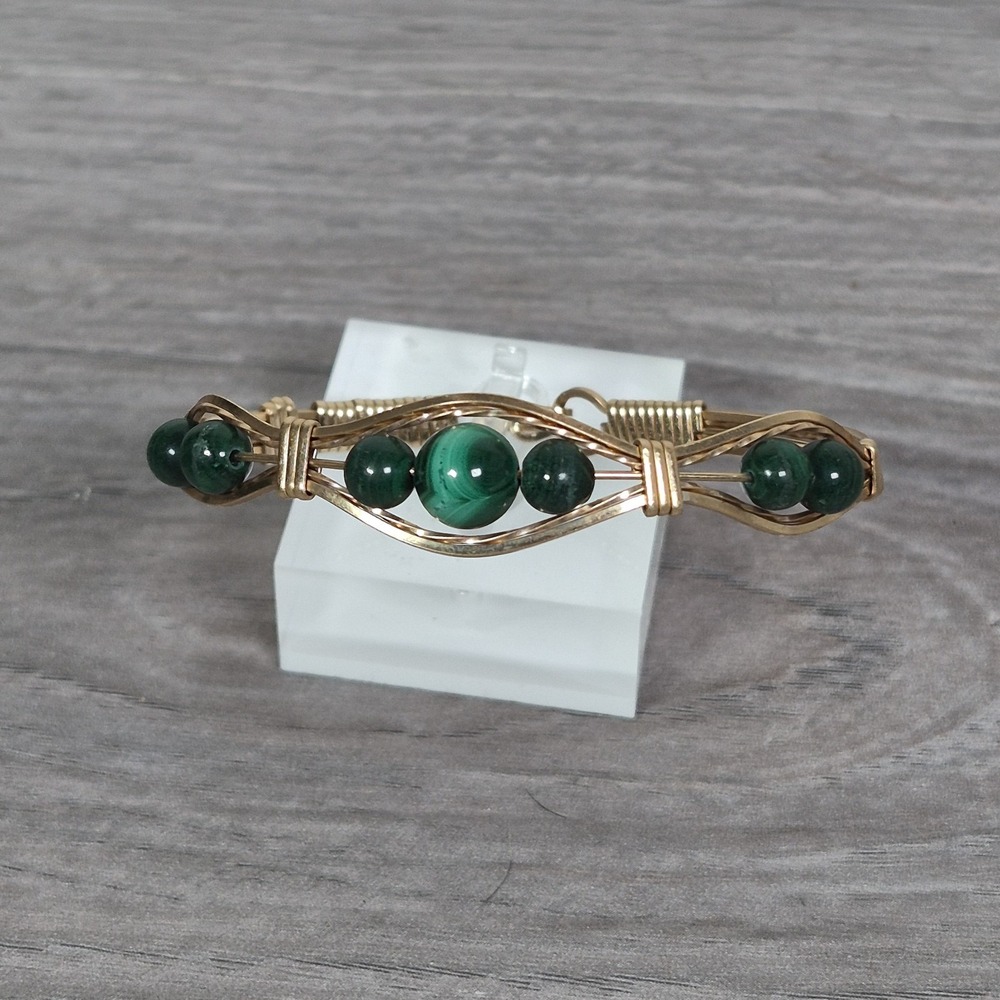 Handmade Gold Tone Wire Wrapped Bracelet Green Malachite Style Beads